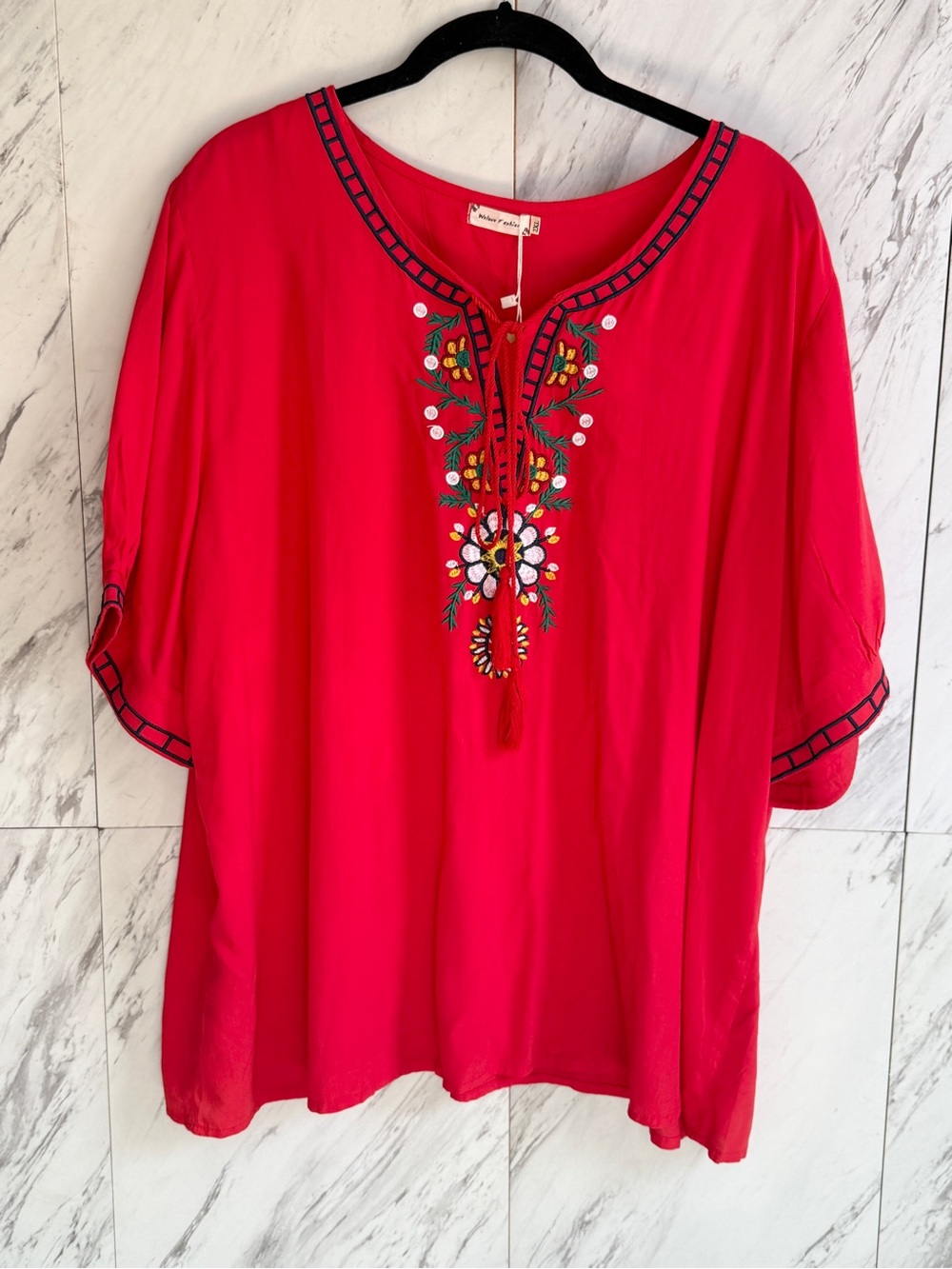 NWT Welove Fashion Embroidered Tunic Top Womens 2XL Red Rayon Peasant Blouse